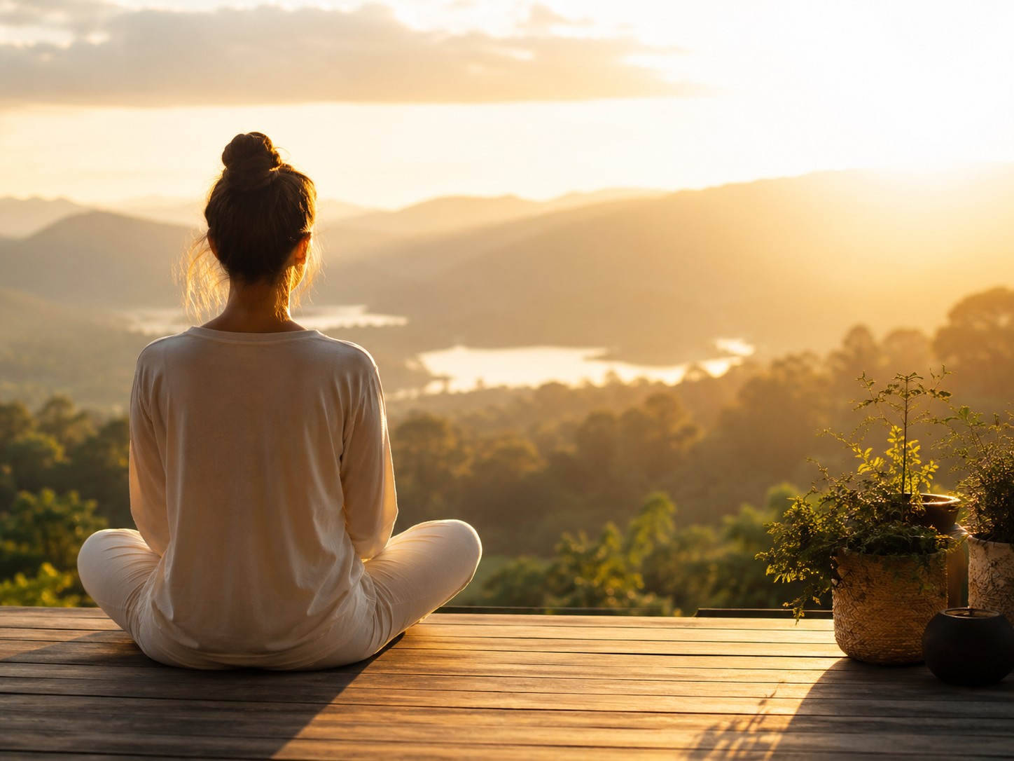 Person seen from behind in a peaceful outdoor setting at golden hour, representing wellbeing, balance, continuity, and whole-person care.